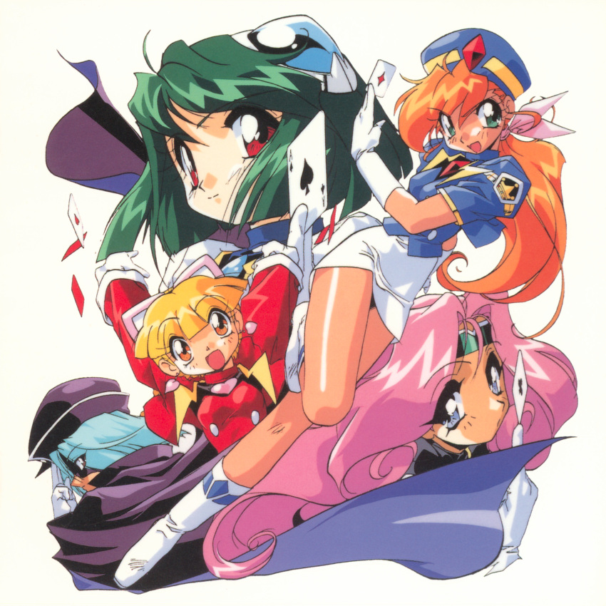 1990s_(style), 5girls, ace_(playing_card), ace_of_clubs, ace_of_diamonds, ace_of_hearts, ace_of_spades, aqua_eyes