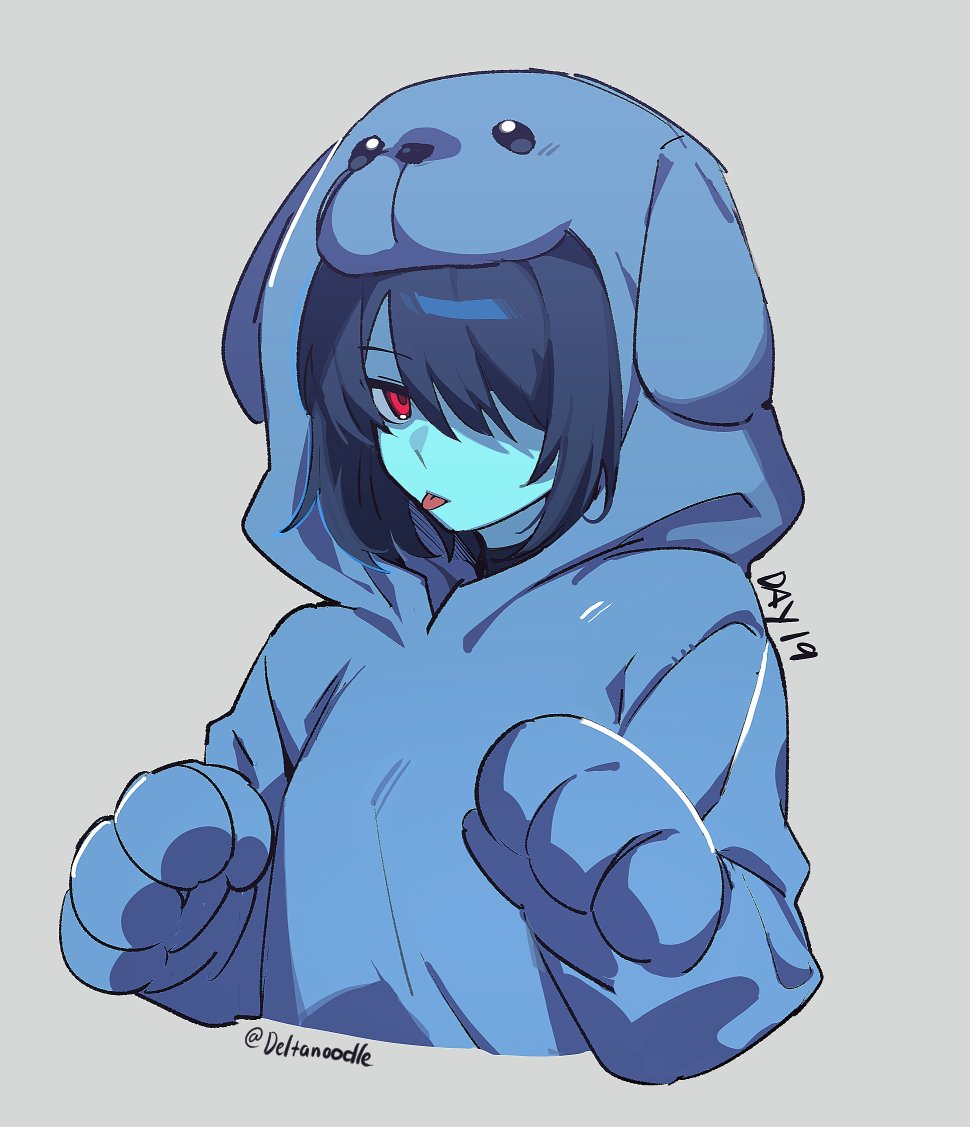 1other, :p, animal_costume, animal_hood, blue_hair, blue_skin, closed_mouth, colored_skin