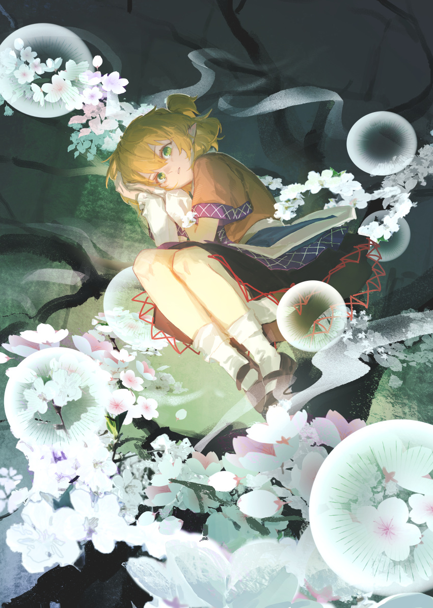 1girl, absurdres, arm_warmers, black_shoes, black_skirt, blonde_hair, brown_shirt, commentary_request, flower, green_eyes, highres, indis, looking_at_viewer, mary_janes, mizuhashi_parsee, pink_flower, pointy_ears, shirt, shoes, short_hair, short_sleeves, skirt, socks, solo, spell_card, touhou, white_socks