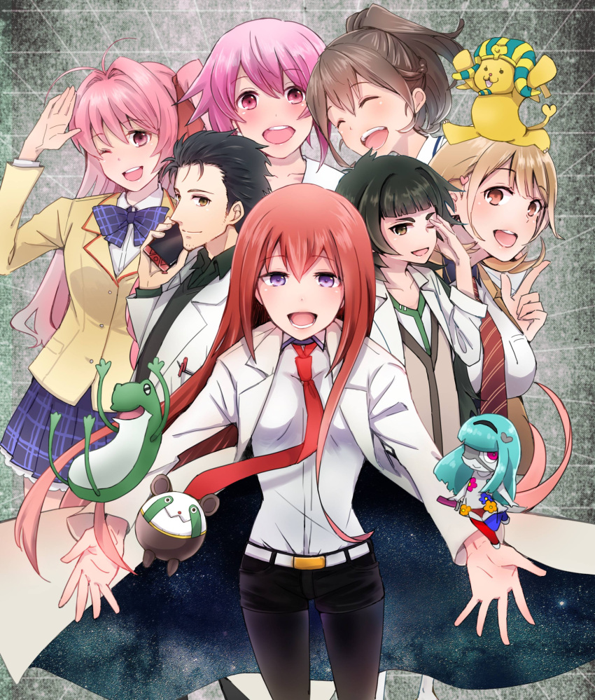1boy, 6+girls, :d, black_hair, blazer, blonde_hair, bow, brown_eyes