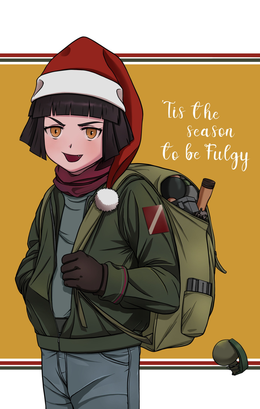 1girl, absurdres, backpack, bag, christmas, english_commentary, english_text, explosive