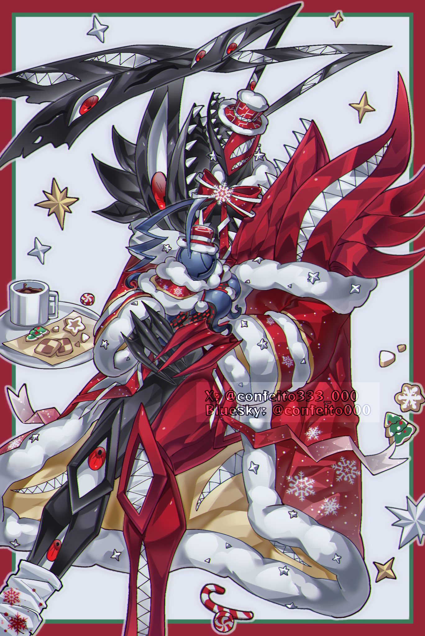 abbadomon, abbadomon_core, biscuit_(bread), black_skin, border, cape, christmas, closed_eyes
