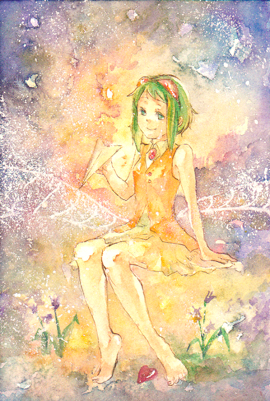 barefoot, campanella_(vocaloid), campanula-star, flower, goggles, goggles_on_head, green_eyes, green_hair