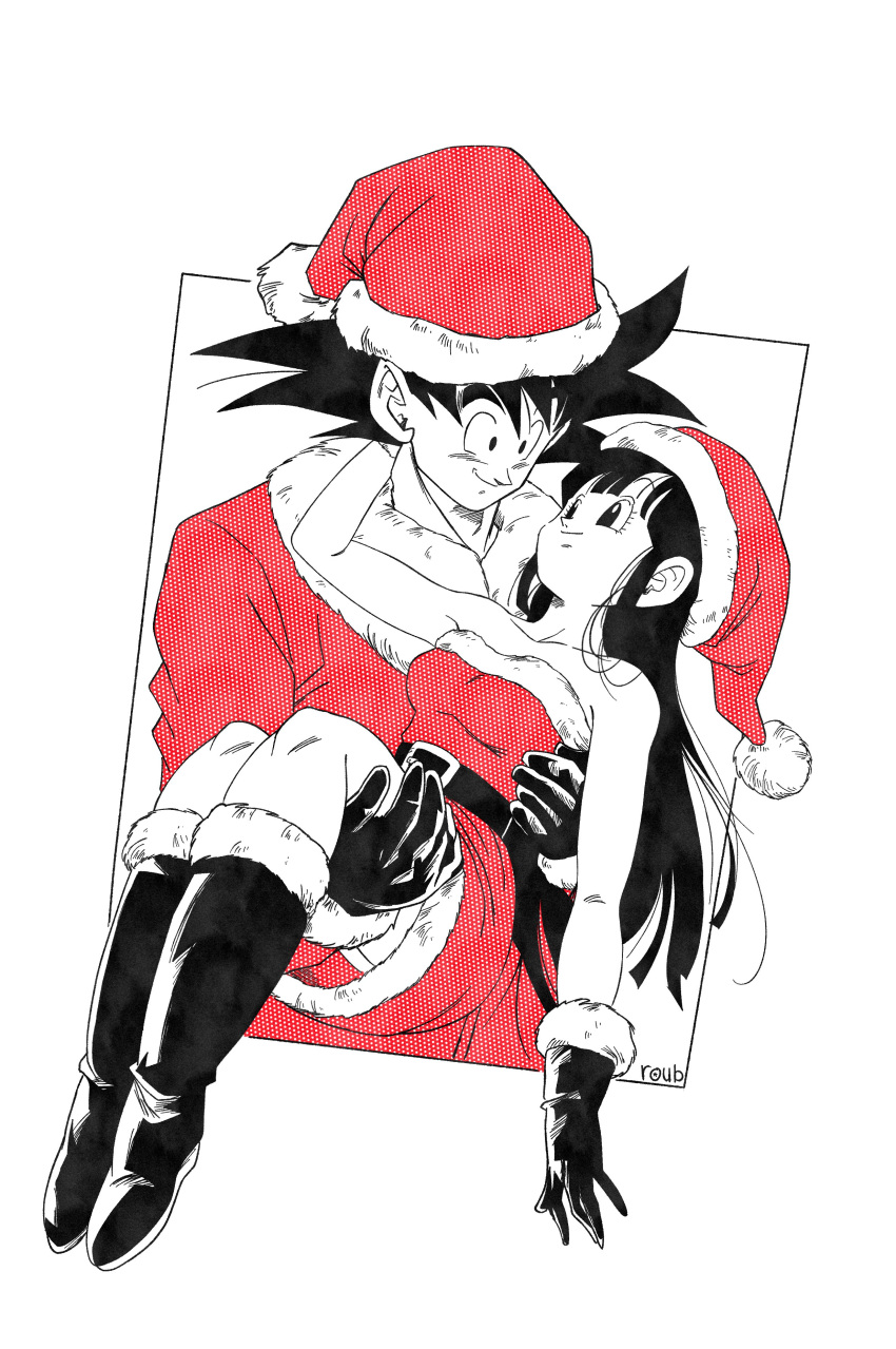 1boy, 1girl, absurdres, artist_name, bare_shoulders, boots, breasts, carrying, chi-chi_(dragon_ball), christmas, closed_mouth, collarbone, commentary, couple, cowboy_shot, dragon_ball, dragon_ball_z, dress, english_commentary, full_body, gloves, hat, hetero, highres, long_hair, medium_hair, partially_colored, princess_carry, red_dress, red_hat, roub3d, santa_costume, santa_dress, santa_hat, simple_background, smile, son_goku, spiky_hair, strapless, strapless_dress, white_background