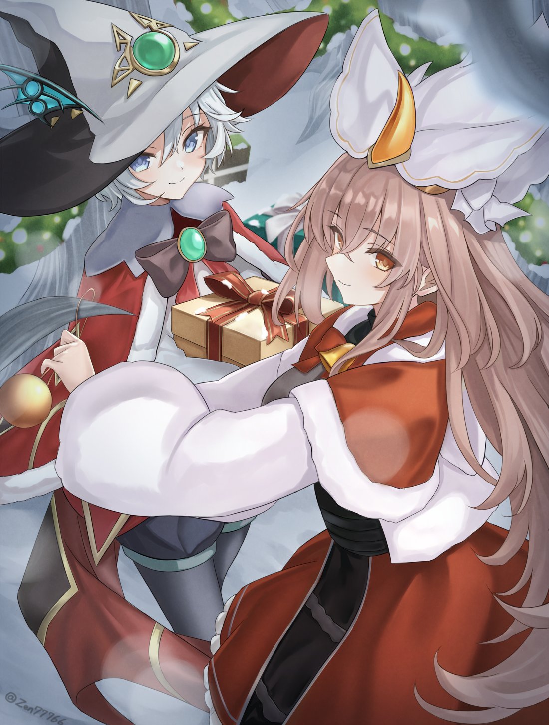 2girls, black_hat, brown_eyes, brown_hair, capelet, christmas, comic_lo, commentary_request, dress, duel_monster, grey_eyes, grey_hair, hat, highres, looking_at_viewer, multiple_girls, red_capelet, red_dress, rucia_of_the_white_forest, short_hair, silvy_of_the_white_forest, white_hat, witch_hat, yu-gi-oh!, zen77766