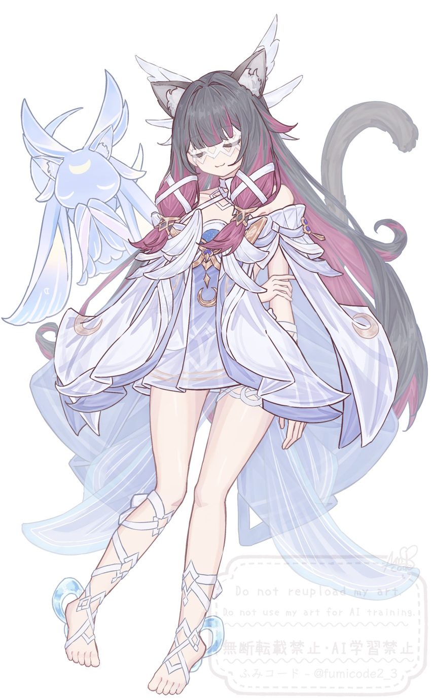 1girl, absurdres, animal_ear_fluff, animal_ears, arms_behind_back, barefoot, black_hair, cat_ears, cat_tail, closed_eyes, closed_mouth, colored_inner_hair, columbina_(genshin_impact), commentary_request, dress, facing_viewer, full_body, fumicode2_3, genshin_impact, hair_ornament, highres, invisible_shoes, kemonomimi_mode, long_hair, luonnotar_(genshin_impact), multicolored_hair, purple_hair, simple_background, solo, standing, tail, two-tone_hair, very_long_hair, white_background, white_dress, white_wings, wing_hair_ornament, wings