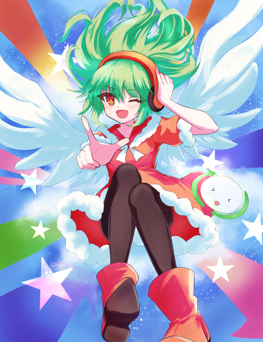 1girl, :d, angel_wings, arrow_(symbol), black_pantyhose, blue_background, bms, boots