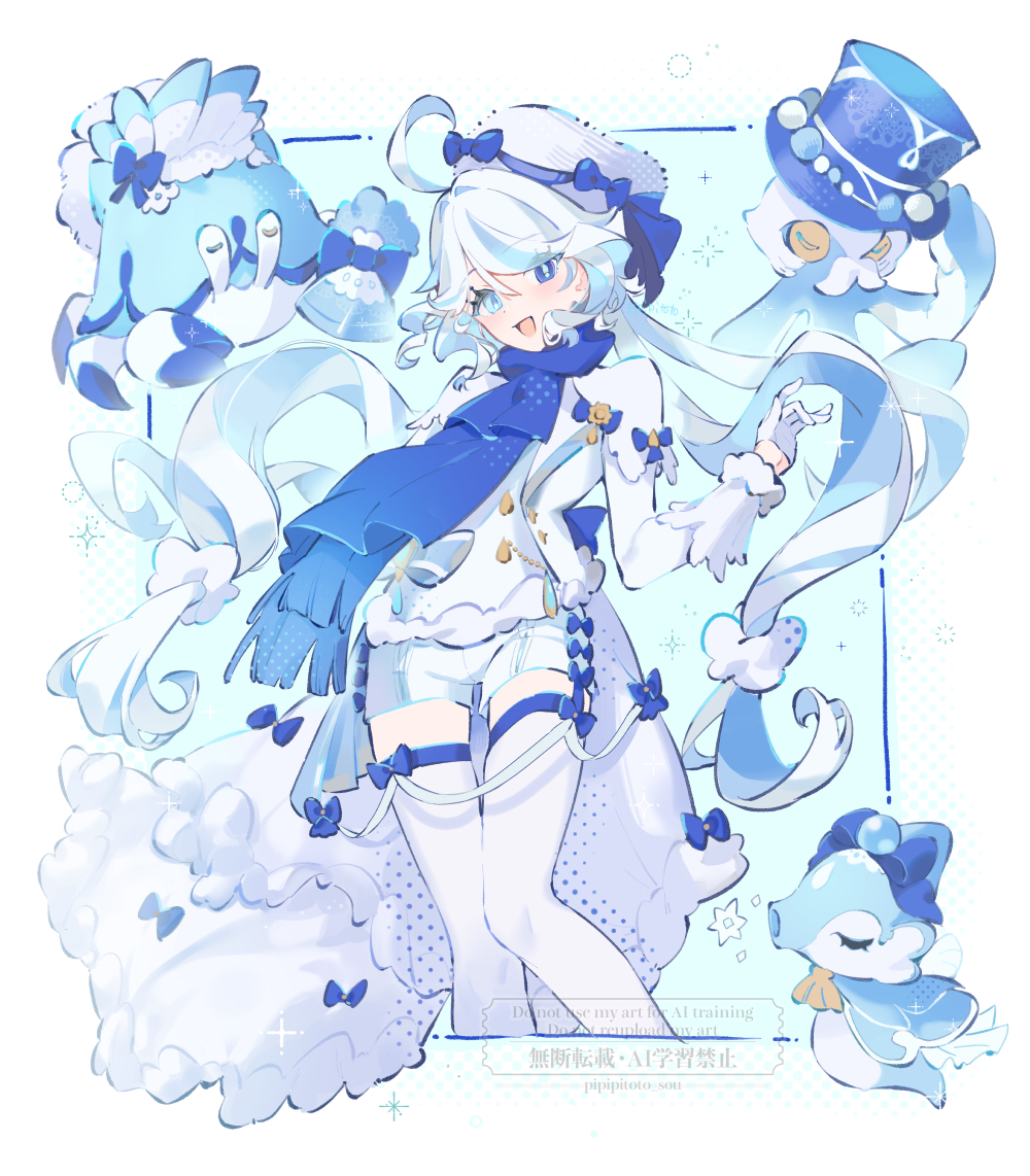 1girl, blue_cloak, blue_eyes, blue_ribbon, cloak, commentary_request, furina_(genshin_impact), furina_(old_design)_(genshin_impact)
