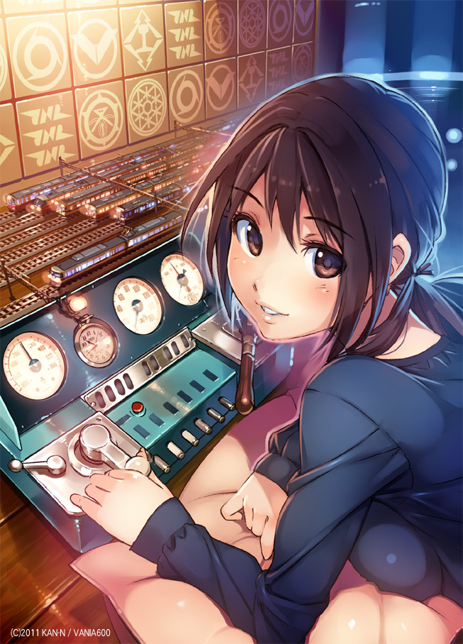 blush, breasts, brown_eyes, brown_hair, controller, large_breasts, lying, model, model_train, original, pillow, ponytail, railroad_tracks, smile, solo, train, trains, vania600