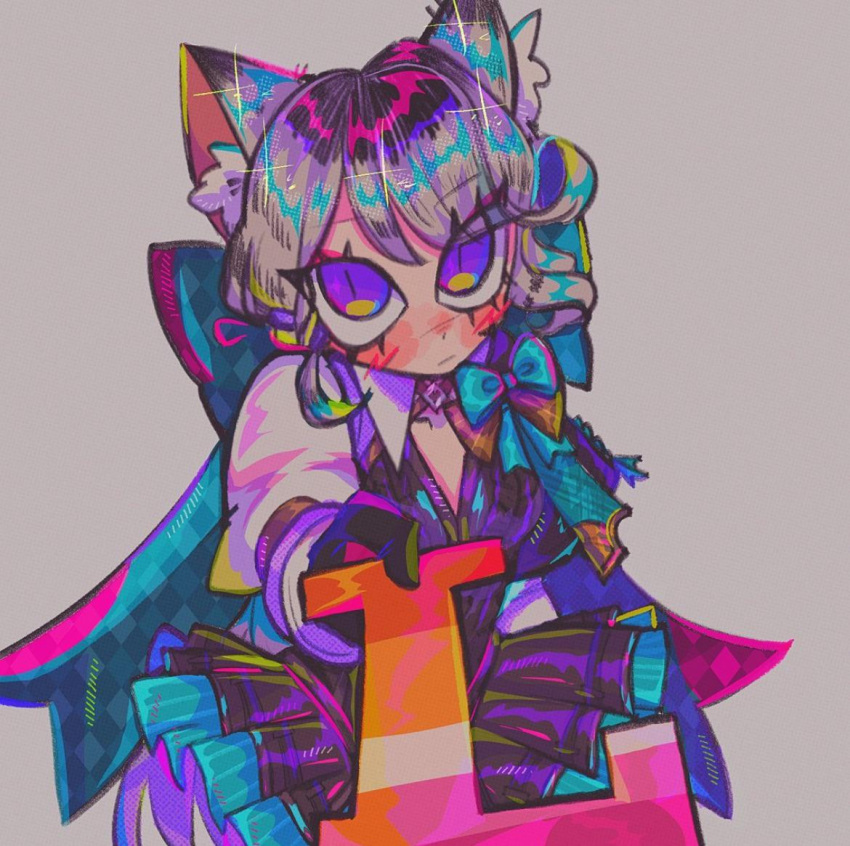 1girl, animal_ear_fluff, animal_ears, aqua_bow, artist_request, black_gloves, bow, cat_ears, cat_girl, cat_tail, closed_mouth, dr._phil_handing_you_the_l_(meme), facial_mark, genshin_impact, gloves, grey_hair, holding, huge_bow, lesbian_flag, long_hair, long_sleeves, looking_at_viewer, lynette_(genshin_impact), meme, solo, star_(symbol), tail, violet_eyes, yuri