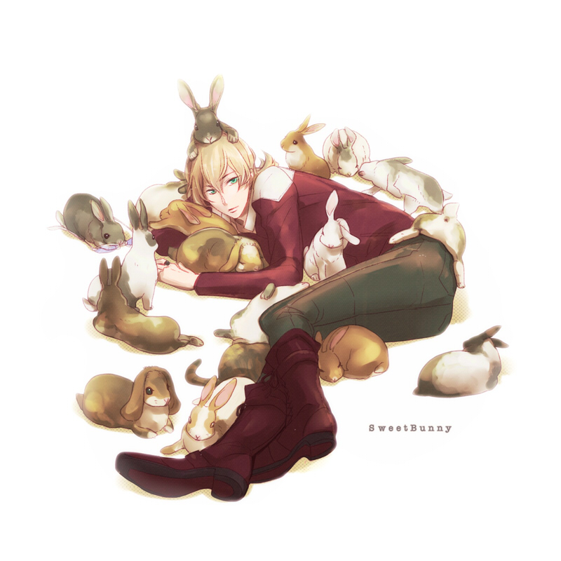 barnaby_brooks_jr, belt, blonde_hair, boots, bunny, glasses, glasses_removed, green_eyes
