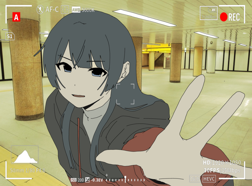 1girl, backrooms_(creepypasta), black_hair, black_jacket, blue_eyes, blunt_bangs, ceiling_light, drawstring