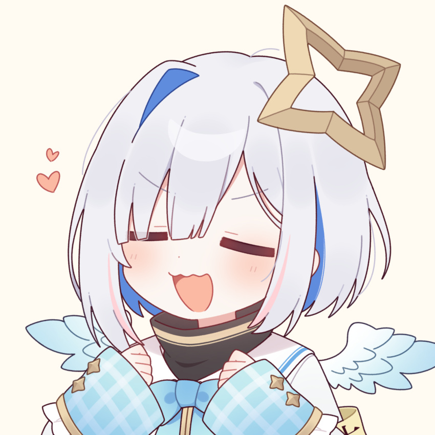 1girl, :3, :d, amane_kanata, angel_wings, blue_bow, blue_bowtie, blunt_bangs