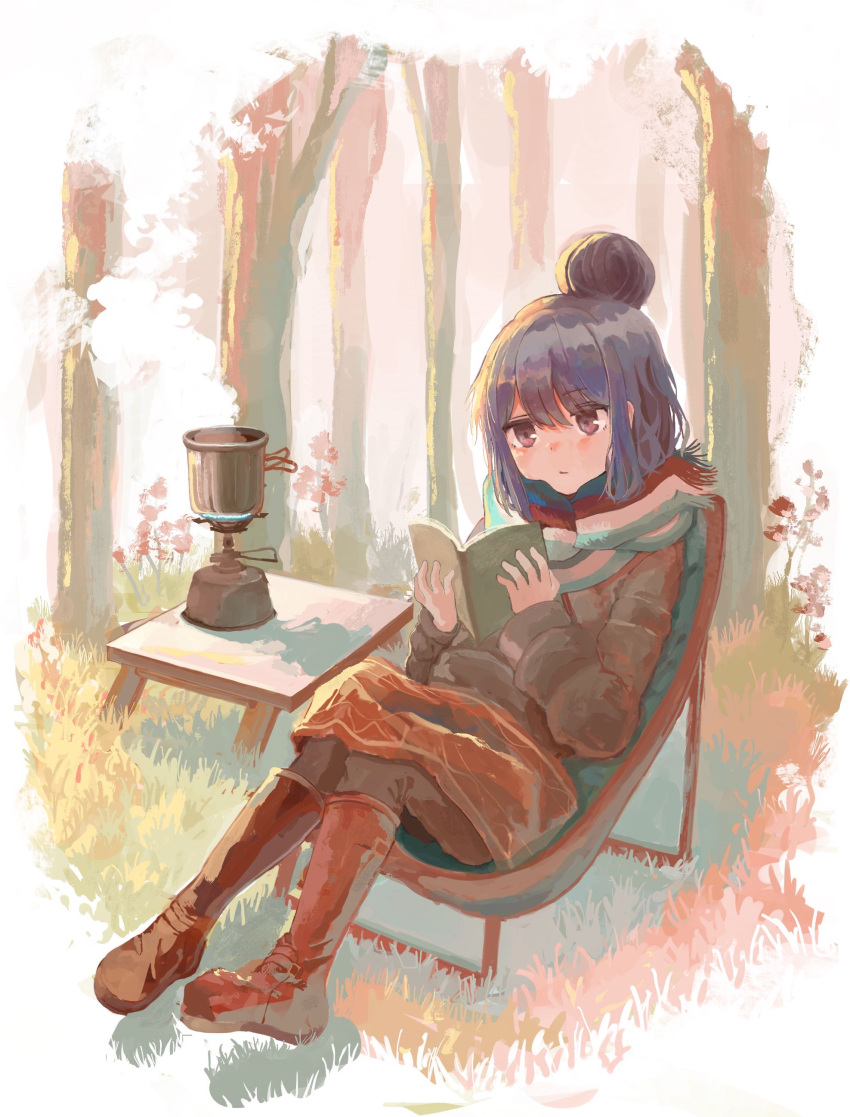 1girl, absurdres, backpacking_stove, blue_hair, book, boots, camping, camping_chair