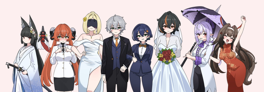 1boy, animal_ears, arutemisu180, belle_(zenless_zone_zero), bride, hoshimi_miyabi, long_hair, multiple_girls