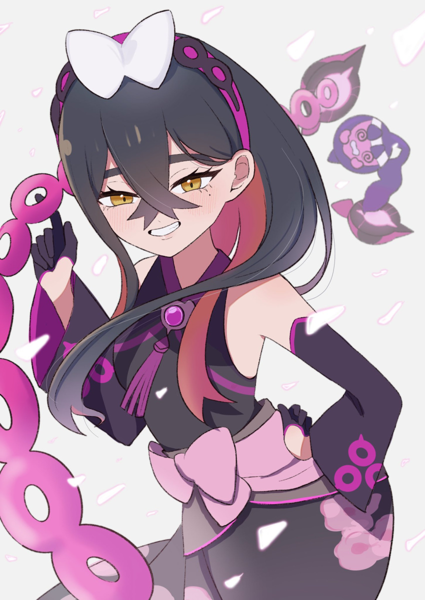 1girl, @_@, bare_shoulders, black_dress, black_hair, blush, bow, breasts