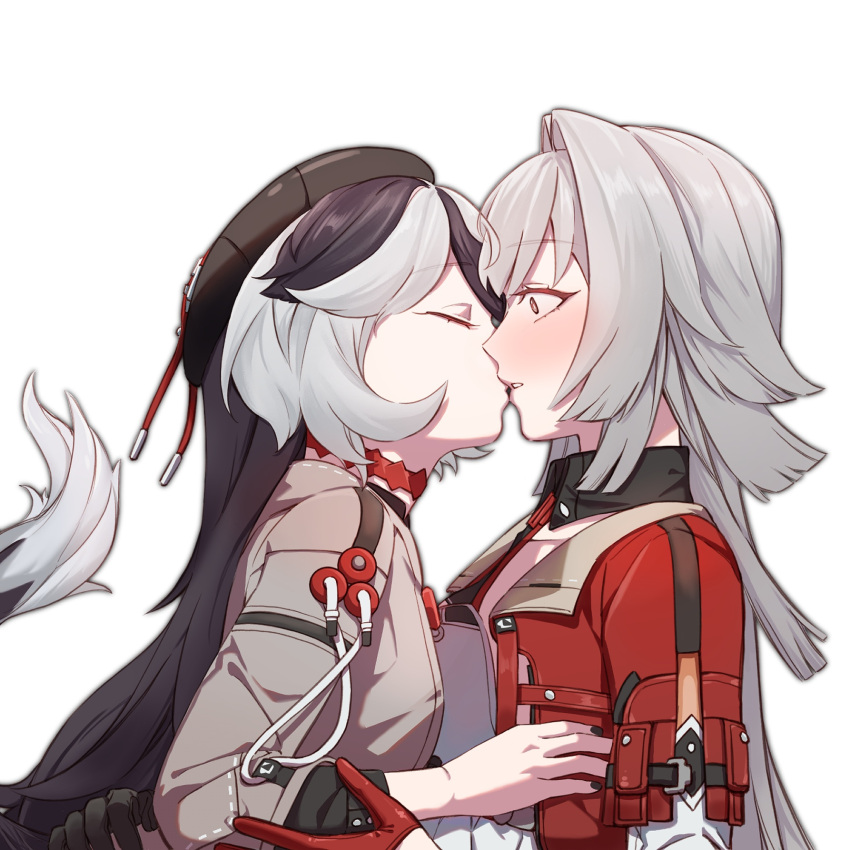 2girls, animal_ears, beret, black_hair, brown_jacket, commentary, coralie_6626_planck, coralie_6626_planck_(valkyrie_blastmetal)
