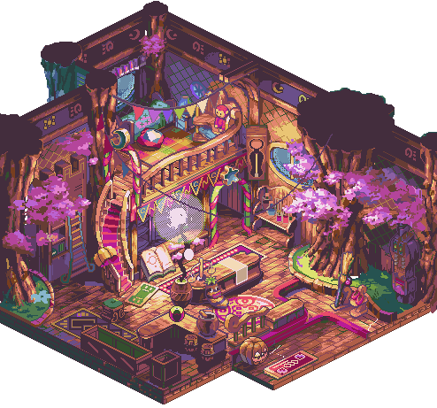 blink_(artist), book, broom, cherry_blossoms, fantasy, floorplan, interior, isometric