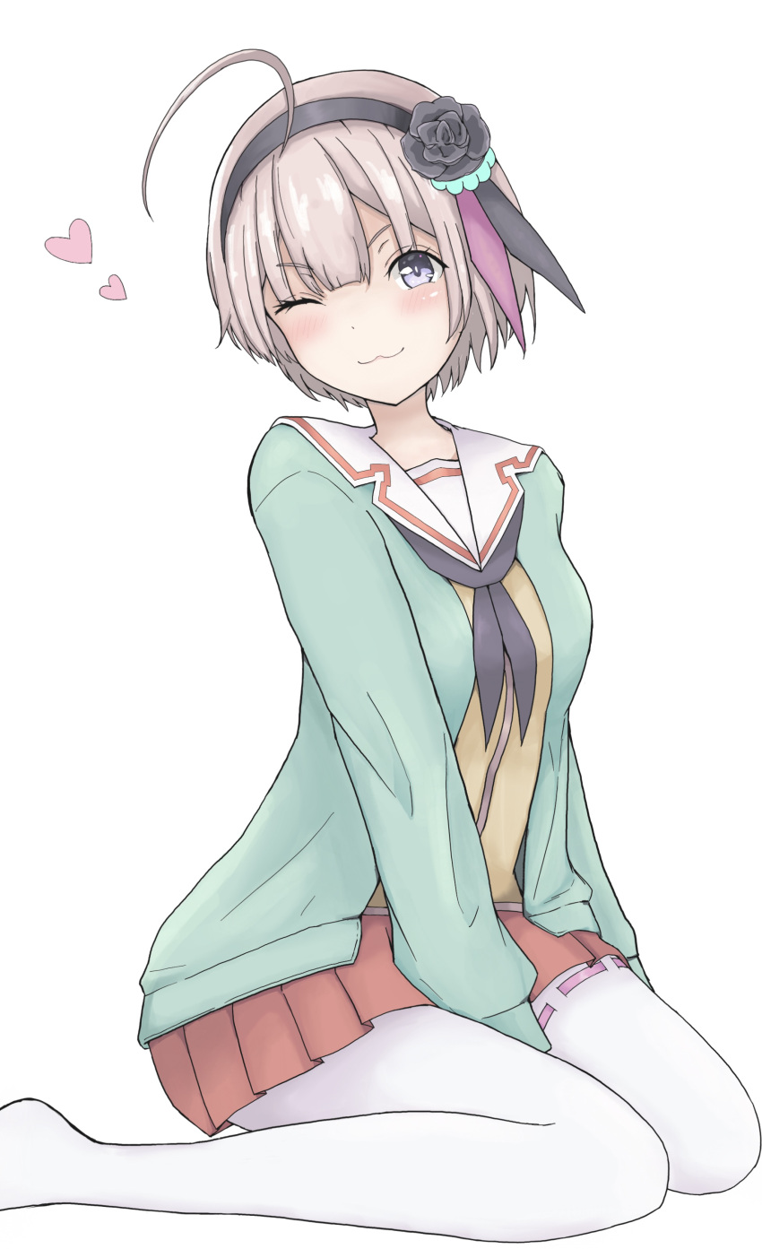 1girl, ;3, absurdres, ahoge, black_flower, black_hairband, black_neckerchief, black_ribbon