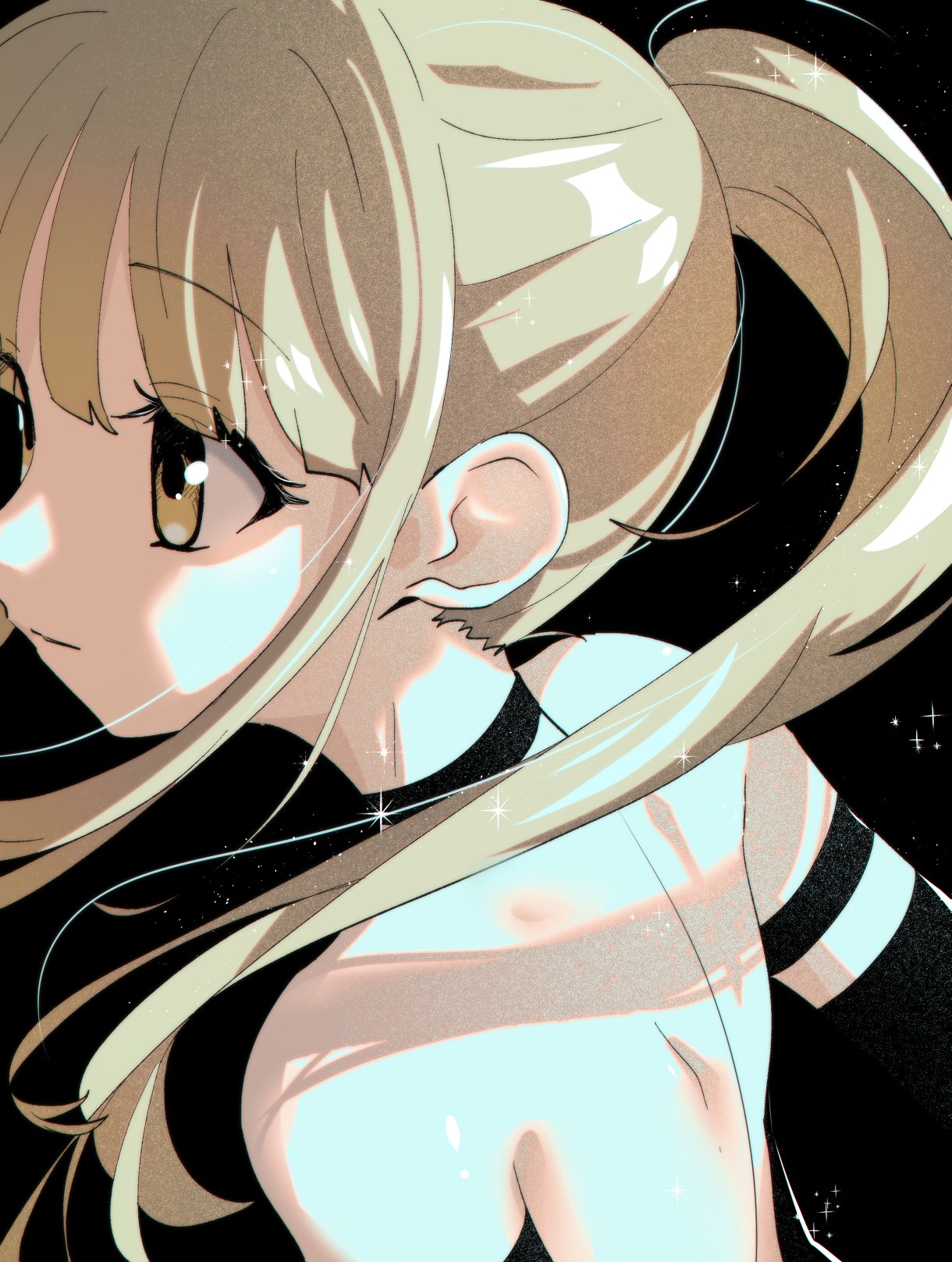 1girl, back, backless_dress, backless_outfit, bare_shoulders, black_dress, blonde_hair, brown_eyes