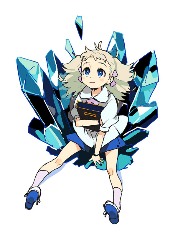 blonde_hair, blouse, blue_eyes, book, child, copyright_request, crystal, hair_ribbon