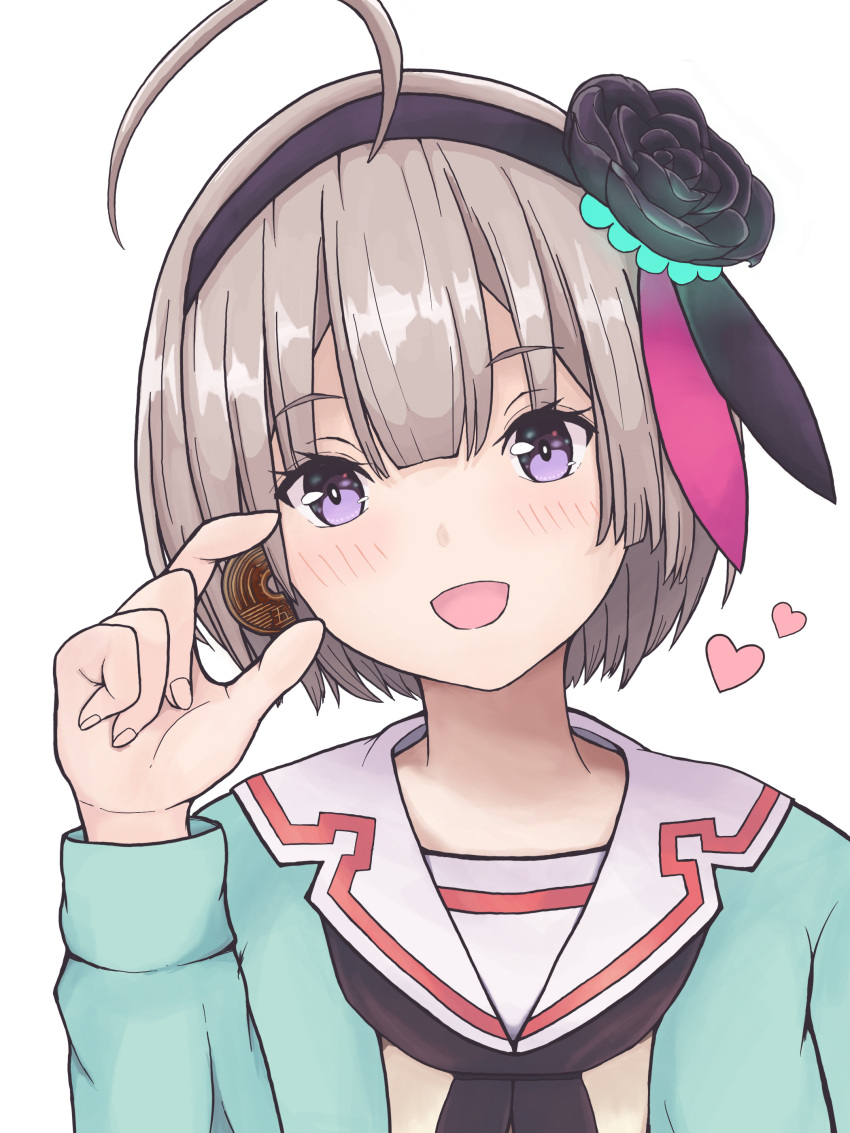 1girl, :d, absurdres, ahoge, aqua_jacket, black_flower, black_hairband, black_neckerchief