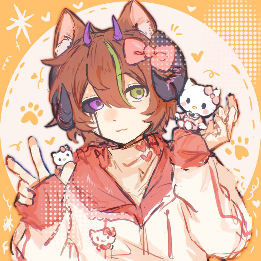 1boy, alternate_costume, animal_ears, animification, bishounen, black_sclera, border, bow, brown_hair, cameo, cat_ears, colored_sclera, commentary, girly_boy, green_eyes, hair_bow, hello_kitty, hello_kitty_(character), heterochromia, highres, hood, hoodie, horns, itzsubz, kemonomimi_mode, lanchi0226, lifesteal_smp, looking_at_viewer, male_focus, minecraft_youtube, mismatched_sclera, orange_border, round_image, sanrio, sheep_horns, short_hair, solo, symbol-only_commentary, upper_body, violet_eyes, white_hoodie