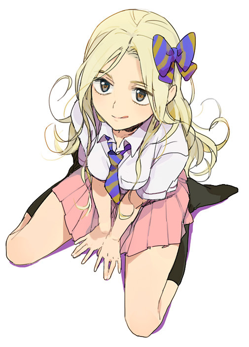 black_legwear, breasts, brown_eyes, long_hair, necktie, original, pleated_skirt, poo-dkg, poo_(artist), sitting, skirt, solo, striped, striped_necktie, striped_tie, wariza