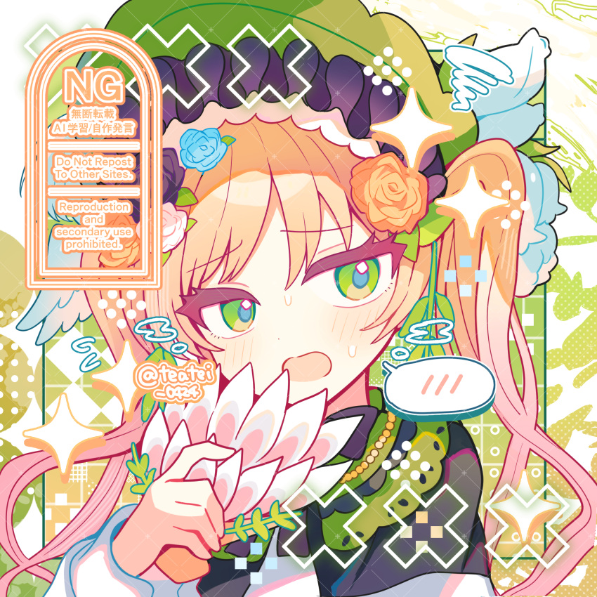 1girl, black_bow, black_bowtie, black_capelet, black_flower, black_rose, blonde_hair, blue_flower
