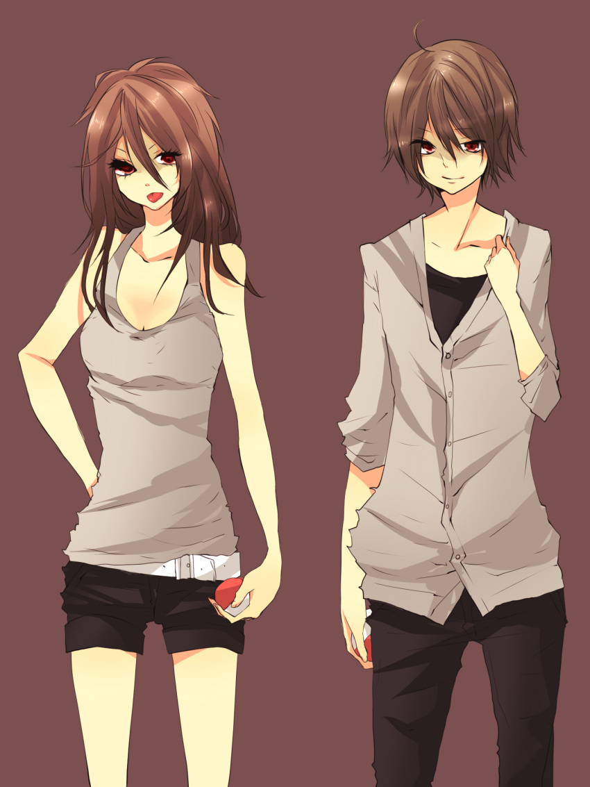 1girl, 8776, alternate_costume, bad_id, belt, brown_hair, cardigan, highres, holding, holding_poke_ball, long_hair, poke_ball, pokemon, pokemon_(game), pokemon_black_and_white, pokemon_bw, red_eyes, short_hair, shorts, smile, tongue, touko_(pokemon), touya_(pokemon), white_belt