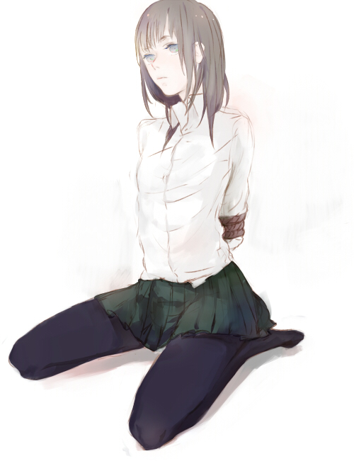 black_legwear, blue_eyes, bound_arms, lambmam, miniskirt, mura_(lambmam), original, pantyhose