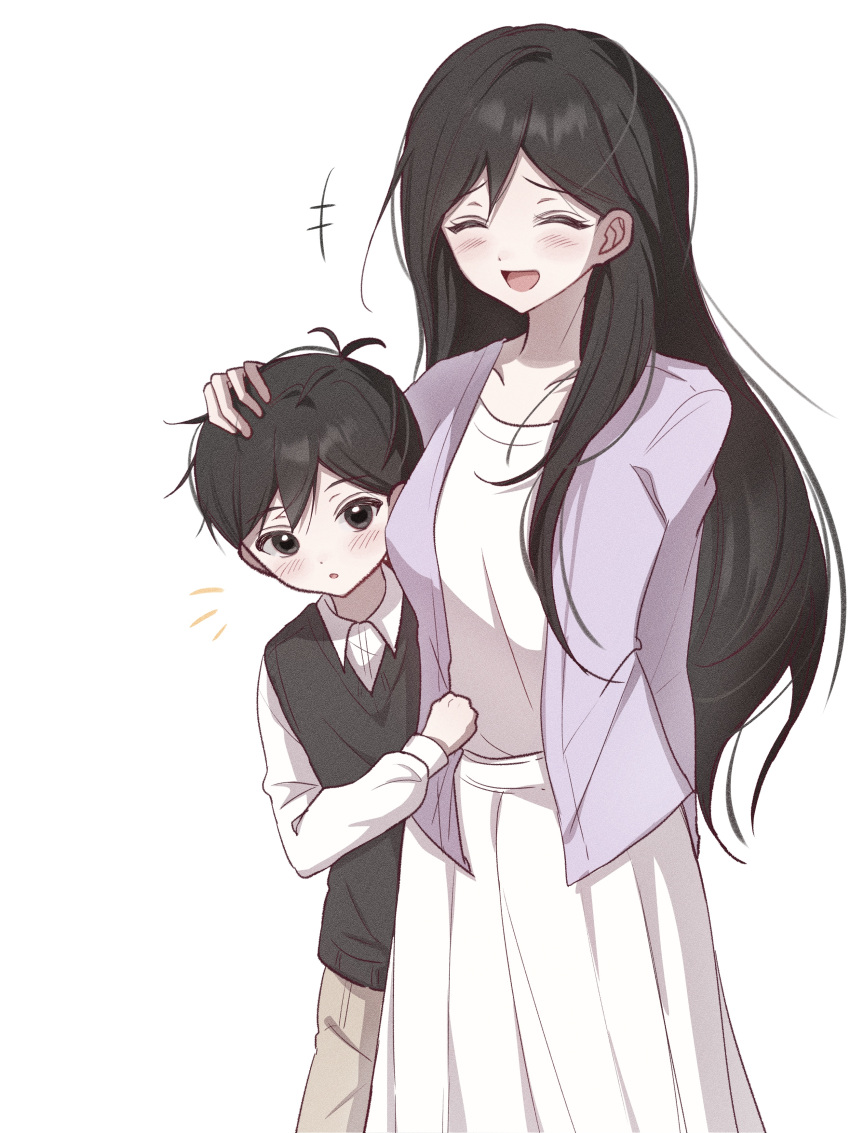 +++, 1boy, 1girl, :d, :o, ^_^, absurdres, alternate_sleeve_length, antenna_hair, black_eyes, black_hair, black_sweater_vest, blush, breasts, brown_pants, chest_height, closed_eyes, collared_shirt, cowboy_shot, double-parted_bangs, dress, film_grain, hair_behind_ear, hair_between_eyes, hair_over_shoulder, hand_on_another's_head, height_difference, highres, jacket, long_hair, long_sleeves, looking_at_viewer, mari_(faraway)_(omori), mari_(omori), medium_breasts, notice_lines, omori, open_clothes, open_jacket, open_mouth, pants, pleated_dress, puffy_long_sleeves, puffy_sleeves, purple_jacket, raised_inner_eyebrows, shirt, short_hair, smile, standing, sunny_(omori), sweater_vest, tongue, very_long_hair, very_short_hair, white_dress, white_shirt, wktdms1