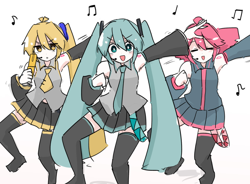 3girls, :d, =_=, ahoge, akita_neru, aqua_eyes, aqua_hair, aqua_necktie