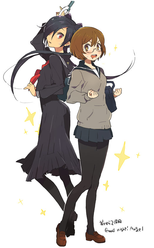 black_hair, black_legwear, brown_eyes, brown_hair, glasses, loafers, mae_kara_2ryoume, miniskirt