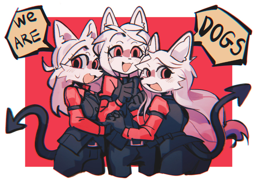 3girls, :3, :d, animal_ears, animal_nose, black_pants, black_vest, blush