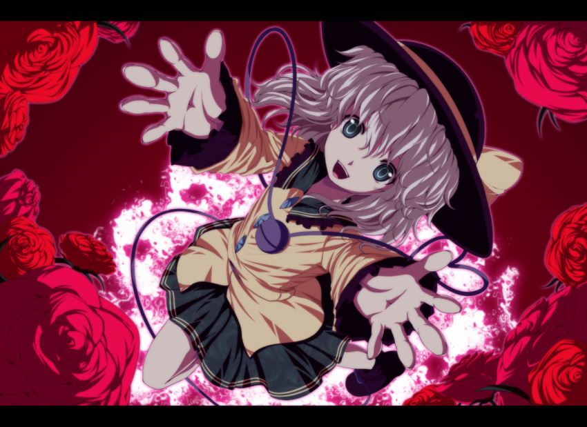 bow, dress, flower, green_eyes, grey_hair, hat, isa, isatessyu
