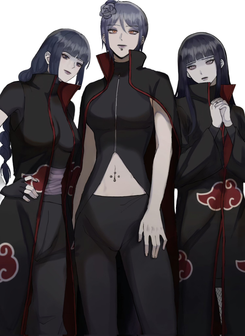 3girls, akatsuki_uniform, alternate_breast_size_(larger), black_pants, blue_eyes, blue_hair, blue_lips, blunt_bangs, boruto:_two_blue_vortex, braid, breasts, coat, coat_on_shoulders, fang, fingerless_gloves, flower, gloves, hair_flower, hair_ornament, hand_on_own_hip, highres, hime_cut, hyuuga_hinata, ifevilwhyuhot, kakei_sumire, konan_(naruto), large_breasts, midriff, multiple_girls, naruto_(series), naruto_shippuuden, navel, navel_piercing, orange_eyes, own_hands_together, pale_skin, pants, piercing, skin_fang, time_paradox, turtleneck, violet_eyes