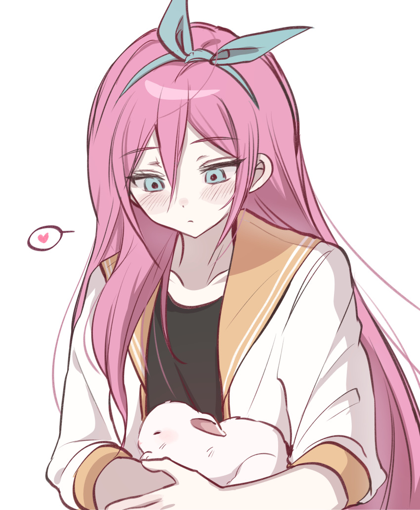 1girl, absurdres, animal, aubrey_(faraway)_(omori), aubrey_(omori), blue_eyes, blue_hairband, blush