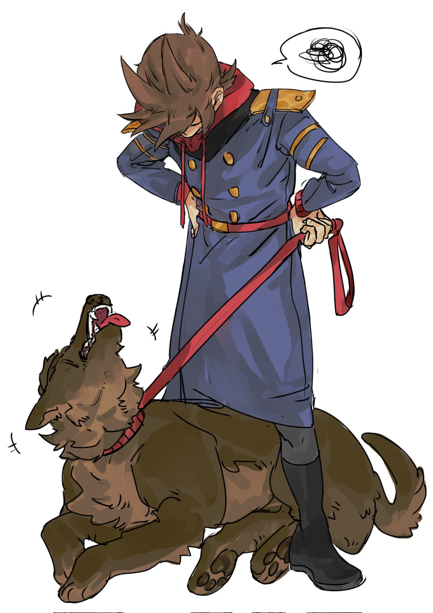 1boy, animalization, animification, antenna_hair, black_boots, blue_coat, boots, brown_dog, brown_hair, buttons, chinese_commentary, coat, commentary_request, dog, drawstring, eddsworld, flipped_hair, future_tord_(eddsworld), grey_pants, hair_ears, hands_on_own_hips, highres, holding, holding_leash, hood, hood_down, hoodie, kuangzihaixing, leash, long_coat, long_sleeves, looking_down, male_focus, pants, paul_(eddsworld), red_hoodie, short_hair, simple_background, solo_focus, speech_bubble, spoken_squiggle, squiggle, tord_(eddsworld), white_background