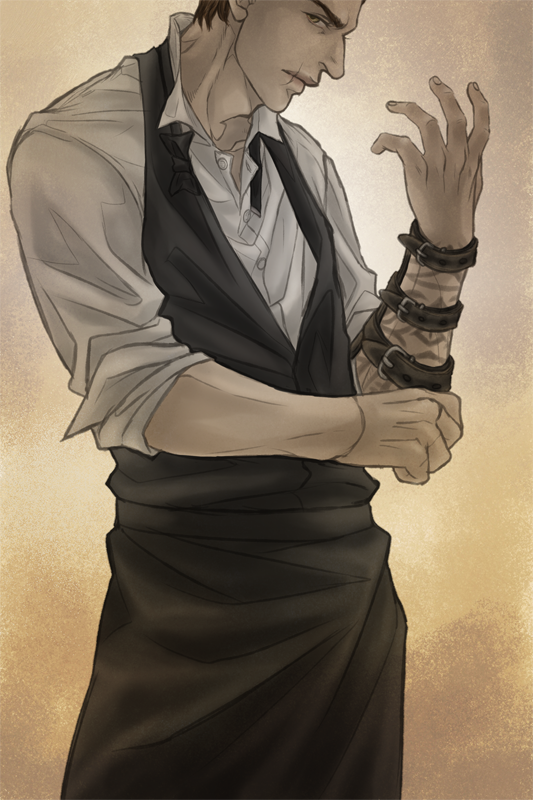apron, assassin's_creed, assassin's_creed, bartender, bowtie, brown_hair, desmond_miles, hidden_blade, male, ren_(dokyakutu), scar, solo, waistcoat, yellow_eyes