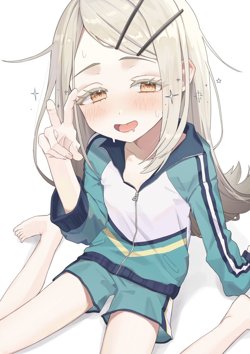 1girl, absurdres, arm_support, bent_v, black_jacket, blonde_hair, blush, collarbone