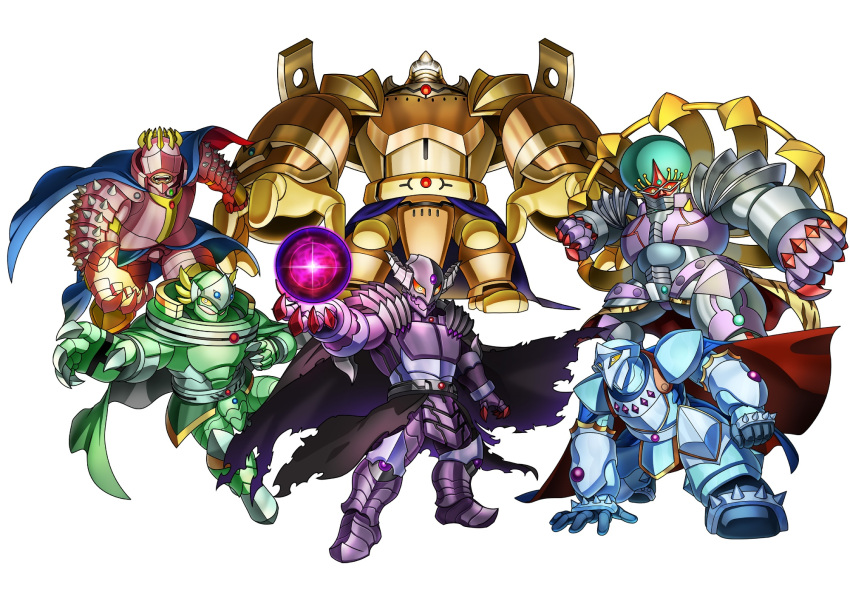 6+boys, armor, black_armor, black_cape, blue_armor, blue_cape, blue_helmet, caius_the_shadow_monarch, cape, chibi, claws, duel_monster, everyone, granmarg_the_rock_monarch, green_armor, green_cape, green_helmet, helmet, highres, matsumoto_(ma_tsuya), mobius_the_frost_monarch, multiple_boys, purple_armor, purple_helmet, raiza_the_storm_monarch, red_armor, red_cape, red_helmet, simple_background, spiked_armor, spikes, standing, thestalos_the_firestorm_monarch, white_background, yellow_armor, yellow_helmet, yu-gi-oh!, zaborg_the_thunder_monarch