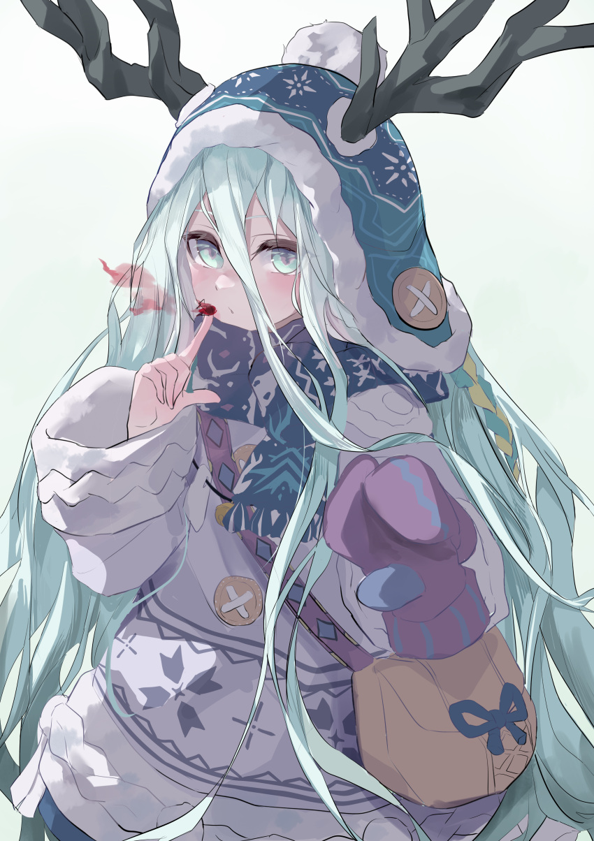 1girl, absurdres, antlers, blue_scarf, blush, breasts, fate/grand_order, fate_(series), green_eyes, green_hair, highres, horns, long_hair, long_sleeves, looking_at_viewer, louhi_(fate), louhi_(second_ascension)_(fate), mittens, purple_mittens, scarf, small_breasts, solo, zasyuu_11
