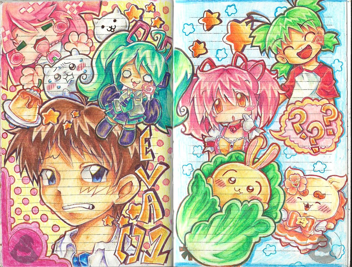 1boy, 4girls, ?, blue_background, blush, cat_(nyanko_daisensou), chiikawa, chiikawa_(character), food, hachune_miku, haruka_nana, hatsune_miku, ikari_shinji, kaname_madoka, kaname_madoka_(magical_girl), koiwai_yotsuba, lennardo_(grim_the_end), lettuce, magical_girl, mahou_shoujo_madoka_magica, mahou_shoujo_madoka_magica_(anime), multiple_girls, neon_genesis_evangelion, nervous_sweating, non-web_source, polka_dot, polka_dot_background, pudding, shisa_(chiikawa), spoken_question_mark, star_(symbol), sweat, traditional_media, utau, vocaloid, yellow_background, yotsubato!