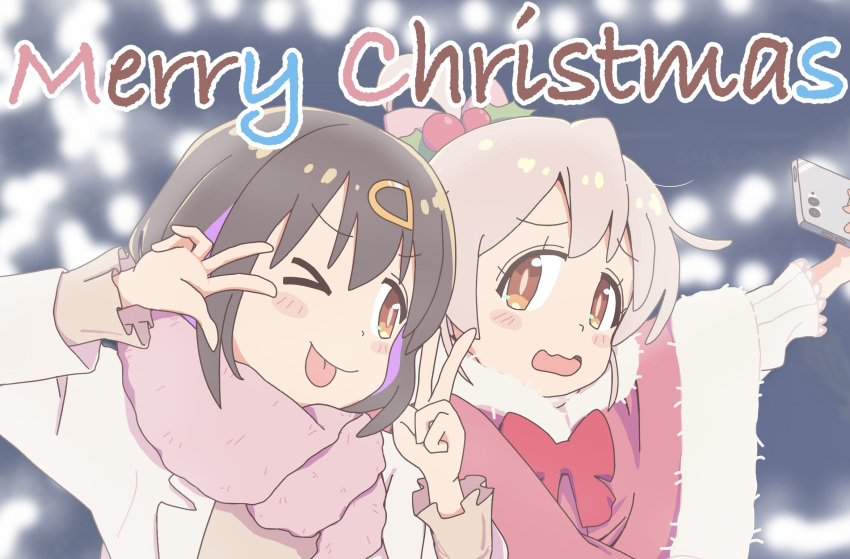 2girls, ;p, black_hair, blush_stickers, bow, bowtie, cellphone, english_text
