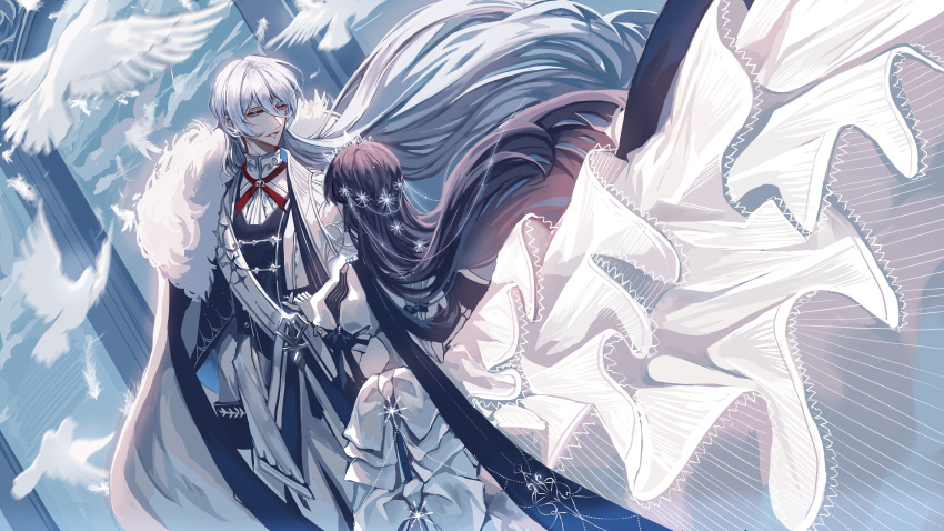1boy, 1girl, absurdres, adapted_costume, alternate_costume, arch, arm_at_side, bird