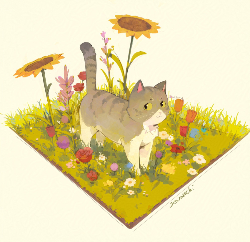 :3, allium_(flower), animal, animal_focus, cat, commentary, daisy_(flower), flower