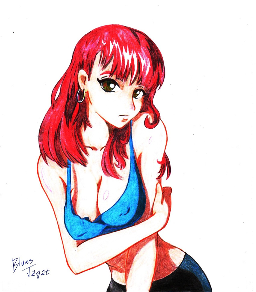 1girl, black_pants, blue_shirt, blues_jagat, breasts, brown_eyes, colored_skin, covered_nipples