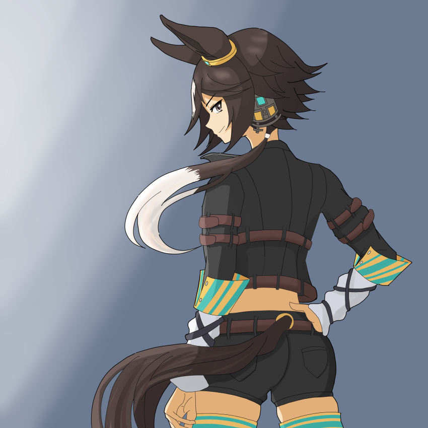 1girl, absurdres, anata_is_great, animal_ears, belt, black_jacket, black_shorts, brown_hair