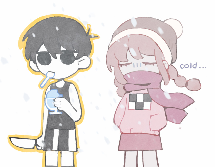 1boy, 1girl, antenna_hair, black_eyes, black_hair, black_shorts, black_tank_top, braid